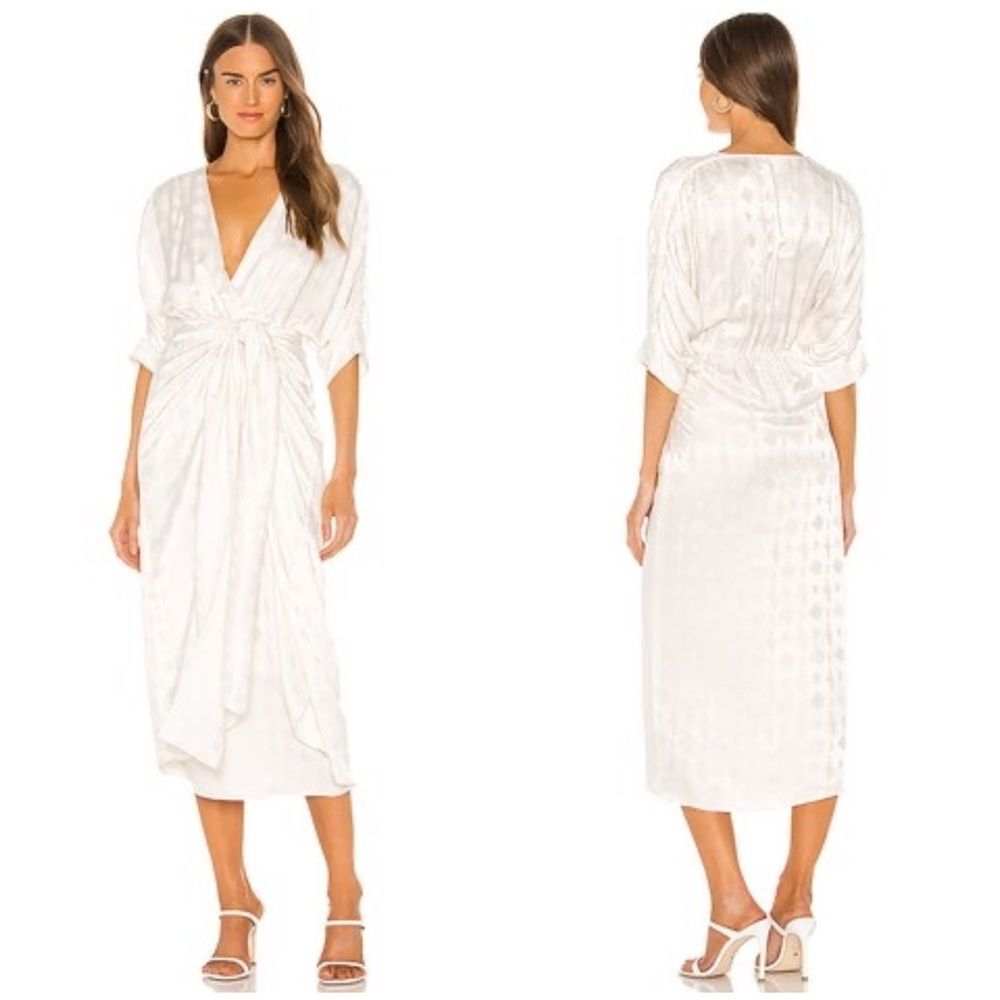 Callahan Sami Dress in Cream Satin Wrap Midi Elegant Minimalist Resort Chic M